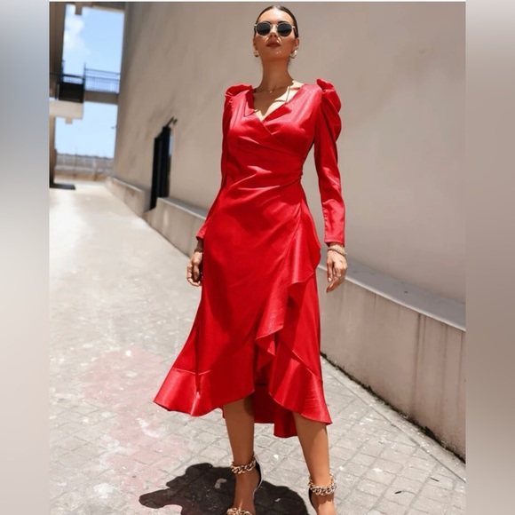 Gigot Sleeve Ruffle Hem Wrap Dress - Picture 6 of 6